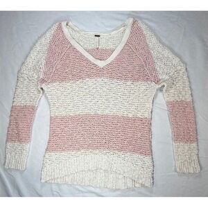 Free People Women's Pink & White Striped Knit Sweater Size Small Oversized Boho